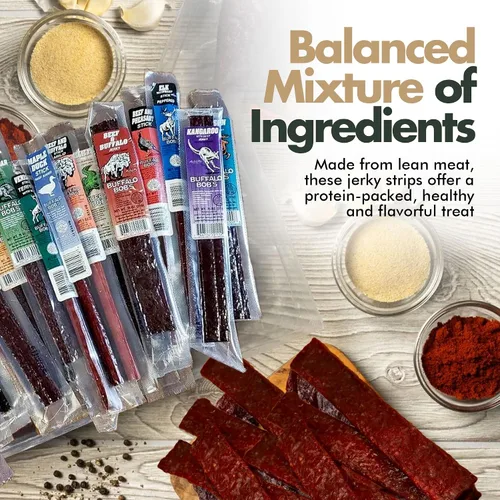 Vista 4 de Buffalo Bob's Wild Game Jerky (paquete de 10) Paquete de regalo de muestra de carne exótica premium Incluye búfalo, alce, venado, avestruz