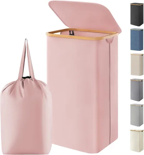 Vista 26 de Lifewit Cesta de lavandería de 80 litros con tapa, cestas de ropa para lavandería con asas de bambú y una bolsa de lavandería extraíble, cesta