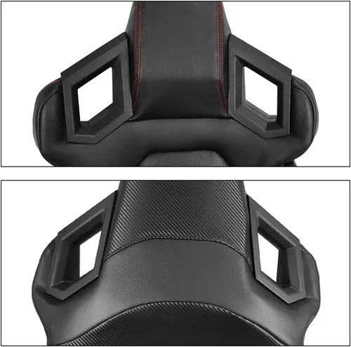 Vista 4 de IKON MOTORSPORTS, par de asientos universales para carreras con deslizadores dobles, piel de PU de fibra de carbono, color rojo con rayas
