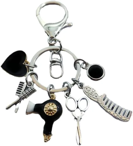 Vista 10 de Fuqimanman2020 Peine tijeras secador de pelo llavero con borla y diamante negro encanto peluquero estilista regalo joyería