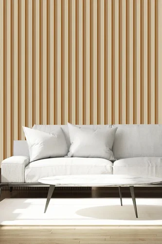 Vista 6 de Papel tapiz de listones de madera natural, decoración de pared de Madera natural alterna amarillo y blanco