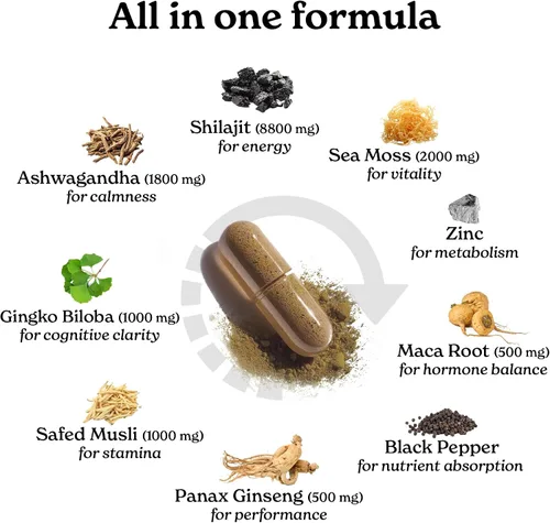 Vista 3 de Shilajit de 8800mg, Raíz de Maca, Ginkgo Biloba, Musgo Marino, Ashwagandha, Panax Ginseng, Safed Musli y Zinc Aumenta la Resistencia y Energía, 120