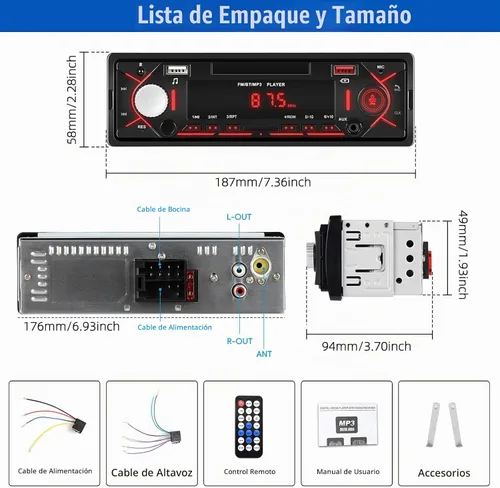 Vista 6 de Radio estéreo multimedia Bluetooth de un solo DIN, reproductor de MP3 de audio para automóvil, compatible con llamadas manos libres/USB/FM/TF/AUX