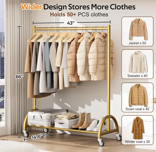 Vista 4 de MISSLO Perchero resistente con ruedas y estantes para colgar ropa con 3 estantes
