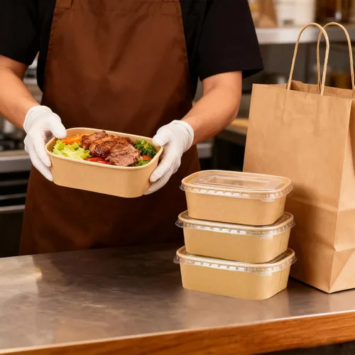 Vista 5 de Paquete de 50 cuencos de papel kraft desechables de 25 onzas con tapas, recipientes rectangulares de papel para alimentos, recipientes