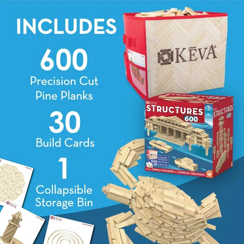 Vista 3 de MindWare KEVA Structures - Juego de bloques de construcción de madera de 600 tablones, incluye 600 tablones de pino KEVA, 30 tarjetas de ideas