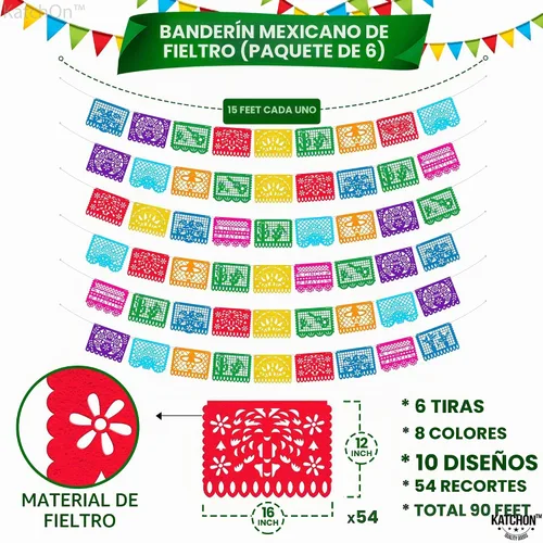 Vista 3 de KatchOn, Fieltro Mexican Fiesta Party Banner Papel Picado 6 Cuerdas 54