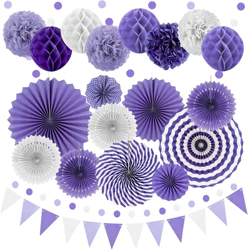 Vista 11 de Juego de 24 piezas de decoración de fiesta de cumpleaños azul marino dorado para baby shower with Hanging Paper Fans Pom Poms Flowers Garland