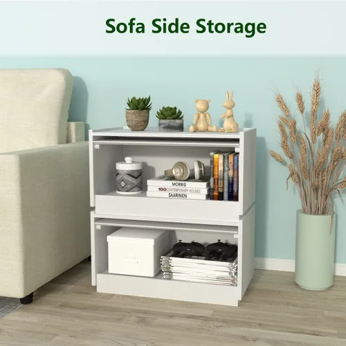 Vista 10 de woodtalks Cómoda apilable para puerta elevable, juego de 2 contenedores de almacenamiento con tapas, armarios multiusos para dormitorio, mesita