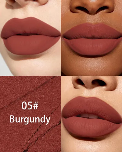 Vista 3 de Lápiz labial mate de larga duración, terciopelo burdeos liso para mujeres y 05
