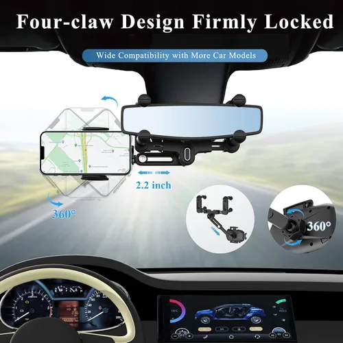 Vista 2 de Soporte de teléfono de coche para espejo retrovisor, giratorio 360° y retráctil, se adapta a teléfonos inteligentes de 4.0 a 7.0 pulgadas, espejo