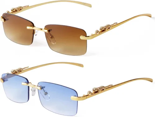 Vista 13 de Rimless Sunglasses for Men Women Small Narrow Rectangle Sunglasses 2 piezas: azul degradado+marrón degradado
