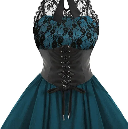 Vista 3 de Women's Sleeveless Gothic Dress with Corset Halter Lace Swing Cocktail Dress Formal Halloween Punk Hippie Dresses