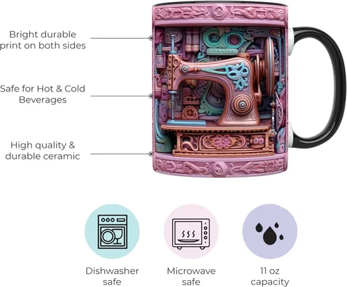 Vista 2 de Taza de costura, regalo para personas que aman coser 11 oz, mango negro, regalo de costura, regalo de colcha, taza de café de costura, esencial