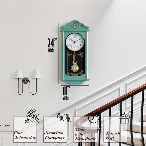 Vista 2 de Clockswise - Reloj de pared grande vintage de abuelo con péndulo de plástico con aspecto de madera para sala de estar, cocina o comedor