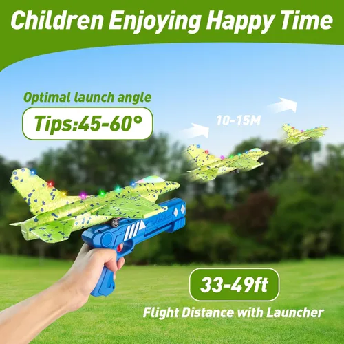 Vista 3 de Paquete de 3 juguetes lanzadores de aviones, espuma LED de 13.2 pulgadas 2025 caza F-15 Eagle y avión planeador catapulta para niños, juguetes