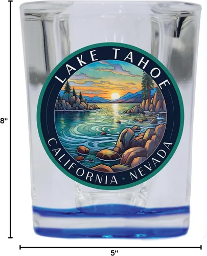 Vista 3 de Lake Tahoe California Design C Souvenir - Vaso de chupito cuadrado de 2.5 onzas, base azul individual