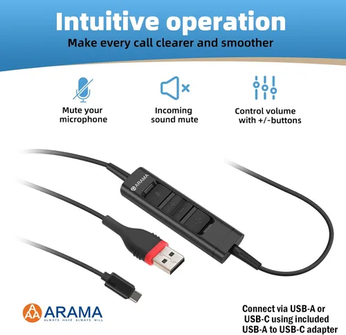 Vista 3 de Arama Auriculares USB con micrófono (A600MONO) - Cancelación de ruido, control de volumen y silencio en línea, compatible con USB-A y USB-C