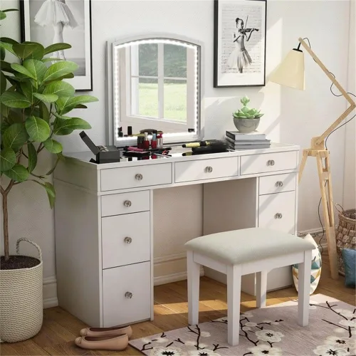 Vista 6 de Furniture of America Galveston - Juego de tocador de madera maciza de 3 piezas, color blanco