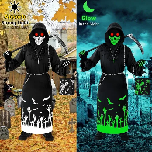 Vista 3 de Invoibler Disfraz de parca de Halloween para niños, bata que brilla en la oscuridad, disfraces aterradores con guadaña que brillan en los ojos rojos