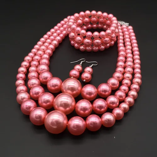 Vista 3 de JNF - Juego de collar y aretes de perlas grandes grandes de múltiples hebras, collar de perlas gruesas para mujer