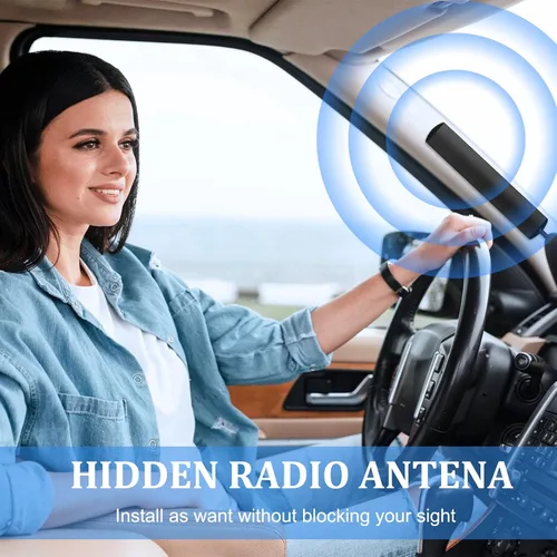 Vista 6 de Antena de radio universal para automóvil, AM FM, antena de parche de montaje adhesivo para parabrisas oculto con cable y conector de enchufe DIN