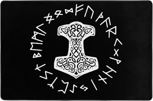 Vista 3 de Vikings Mjolnir and Rune Wheel - Alfombra de área con símbolo de mitología nórdica, sala de estar, dormitorio, cocina, sofá, mesita de noche, 36 x