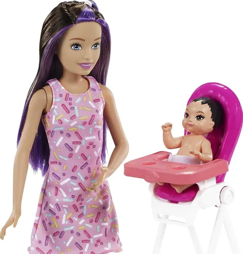 Vista 5 de Barbie Skipper Babysitter Inc - Juego de alimentación de cumpleaños con muñeca Skipper, muñeca de bebé que cambia de color, silla alta y accesorios