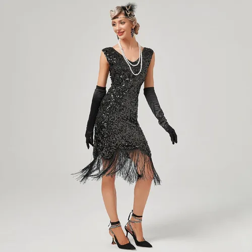 Vista 2 de IDOPIP Vestido de lentejuelas vintage de los años 20 con flecos de Gatsby con borlas, vestido formal de noche para boda, fiesta, cóctel