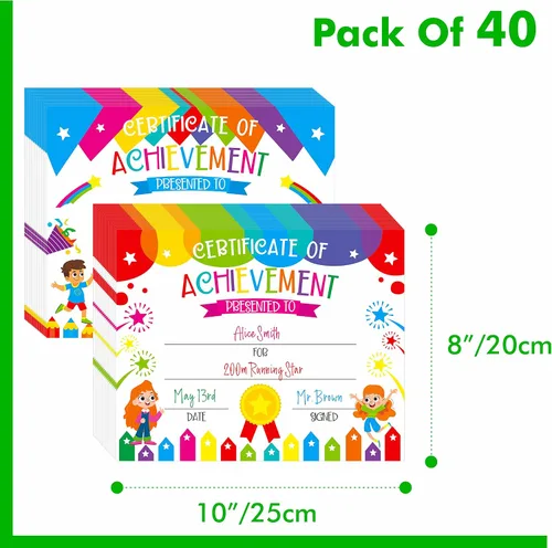 Vista 2 de 40 piezas de diploma preescolar, certificado de logro en 2 diseños, colorido certificado de premios, suministros escolares para niños, estudiantes