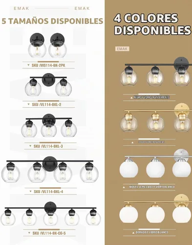 Vista 7 de Emak Lámpara de baño negra de 2 luces sobre el espejo, luces de tocador de baño con pantalla de vidrio transparente, VL114-BKL-2