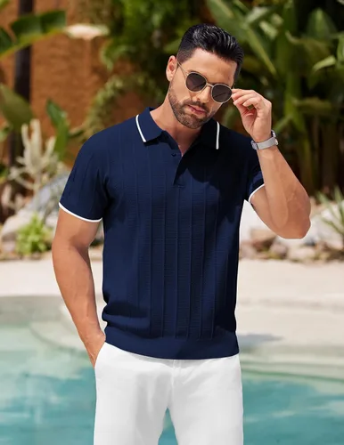 Vista 60 de COOFANDY Camisas polo de punto para hombre de manga corta con textura acanalada Camisas de golf casuales y ligeras con cuello Camiseta de polo