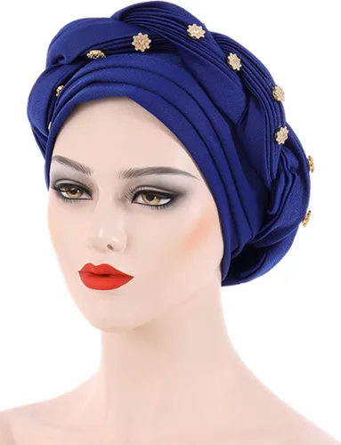 Vista 4 de Woeoe Turbante africano para mujer, gorro trenzado previamente atado, con diamantes de imitación, turbantes suaves y elásticos para la cabeza