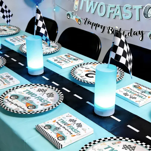 Vista 7 de Decoración de fiesta de 2º cumpleaños de coche de carreras para niños, dos platos y servilletas de papel desechable, dos rápidos, dos, curiosos, 2