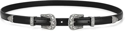 Vista 7 de SUOSDEY Cinturones de cuero ajustados occidentales para mujer, cinturón de cintura delgada ajustable para vestidos con hebilla vintage 1-negro