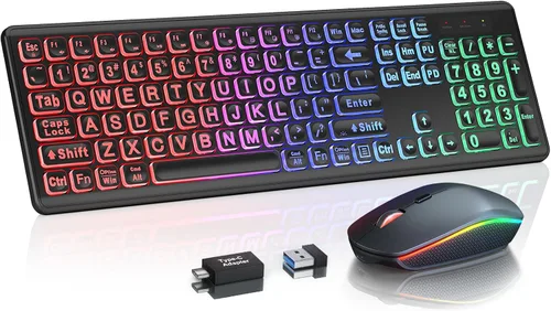 Vista 14 de Wireless Keyboard and Mouse Combo, RGB Backlit, Rechargeable & Light Up Letters, Full-Size, Soft Typing, Sleep Mode, 2.4GHz Quiet Keyboard Set for
