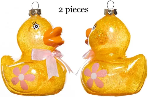Vista 2 de Juego de 2 adornos de pato de goma de vidrio soplado a mano para árbol de Navidad, lindo adorno de Navidad de pato de goma de vidrio colgante