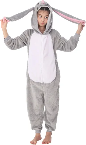 Vista 4 de HIBCIGA Disfraz de mameluco para niños, cosplay de animales para niños y niñas, Halloween, cálido, de felpa, de una pieza, conejo gris
