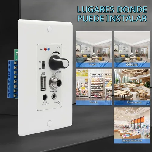 Vista 3 de Amplificador de pared compatible con Bluetooth 4 canales, control de volumen, placa de pared con entradas USB/MIC/AUX (0.138 in) Bloque
