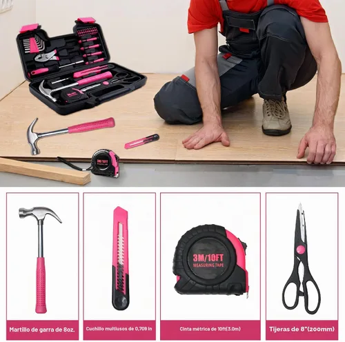 Vista 6 de Kit de herramientas básicas de 39 piezas para mujeres, juego de herramientas rosadas multiusos para el hogar con herramientas manuales y caja