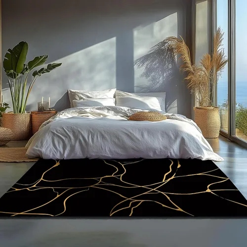 Vista 6 de Alfombra negra y dorada de 2 x 3: alfombra abstracta de líneas doradas, alfombra pequeña negra de acento felpudo de 24 x 36 pulgadas, lavable