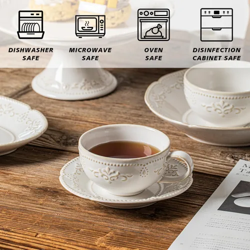 Vista 5 de Tazas de capuchino de 6 onzas con platillos, apto para inauguración de la casa, taza de café de cerámica en relieve para Au Lait, doble shot, latte