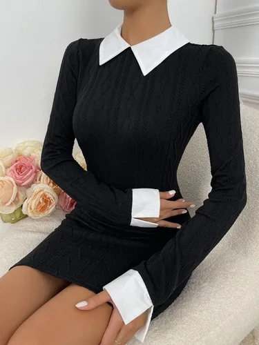 Vista 3 de Floerns Minivestido ajustado de manga larga con cuello en contraste para mujer