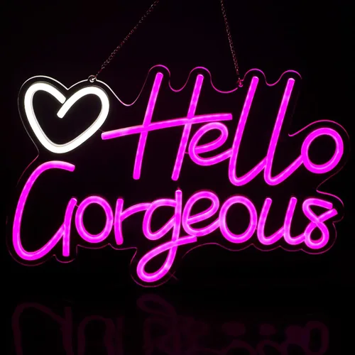 Vista 7 de Letrero de neón LED con texto en inglés «Hello Gorgeous LED», luz nocturna de neón para pared, fiesta de cumpleaños, boda, bar, club, decoración