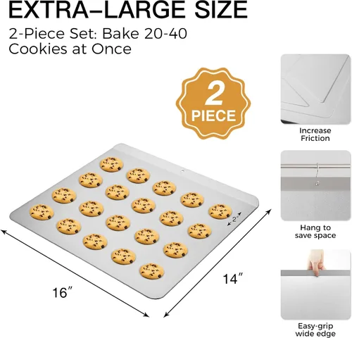 Vista 6 de HONGBAKE 2 piezas de bandeja plana grande para galletas sin bordes, bandeja para hornear aislada antiadherente, bandejas de horno comercial