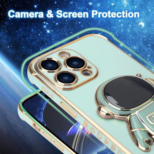 Vista 4 de Omio - Funda compatible con iPhone 15 Pro Max con soporte oculto de astronauta, funda de lujo chapado en corazón con borde lateral, pequeño