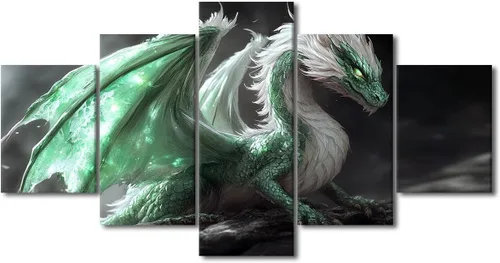 Vista 79 de Lienzo decorativo para pared de sala de estar, lienzo de dragón, 5 paneles, dragón verde, decoración de pared para el hogar, decoración de pared