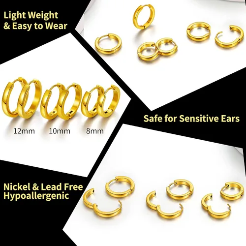 Vista 4 de ChainsHouse Juego de aretes de aro de acero inoxidable quirúrgico hipoalergénico, chapado en oro de 18 quilates, 0.276in, 0.315in, 0.354in, 0.472in