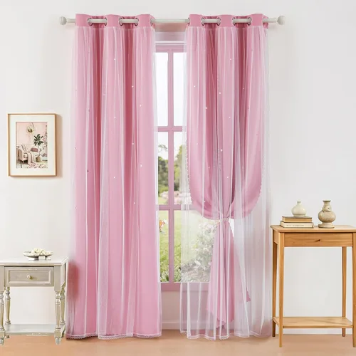 Vista 33 de indistar Cortinas opacas con recortes de estrellas para dormitorio de niña, cortinas de oscurecimiento para habitación de bebé, cortinas
