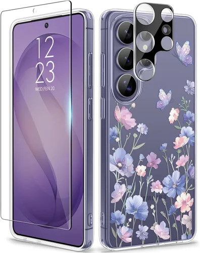 Vista 87 de GVIEWIN Funda protectora para Samsung Galaxy S25, transparente floral, delgada, a prueba de golpes, para mujer, no se pone amarilla, con protector